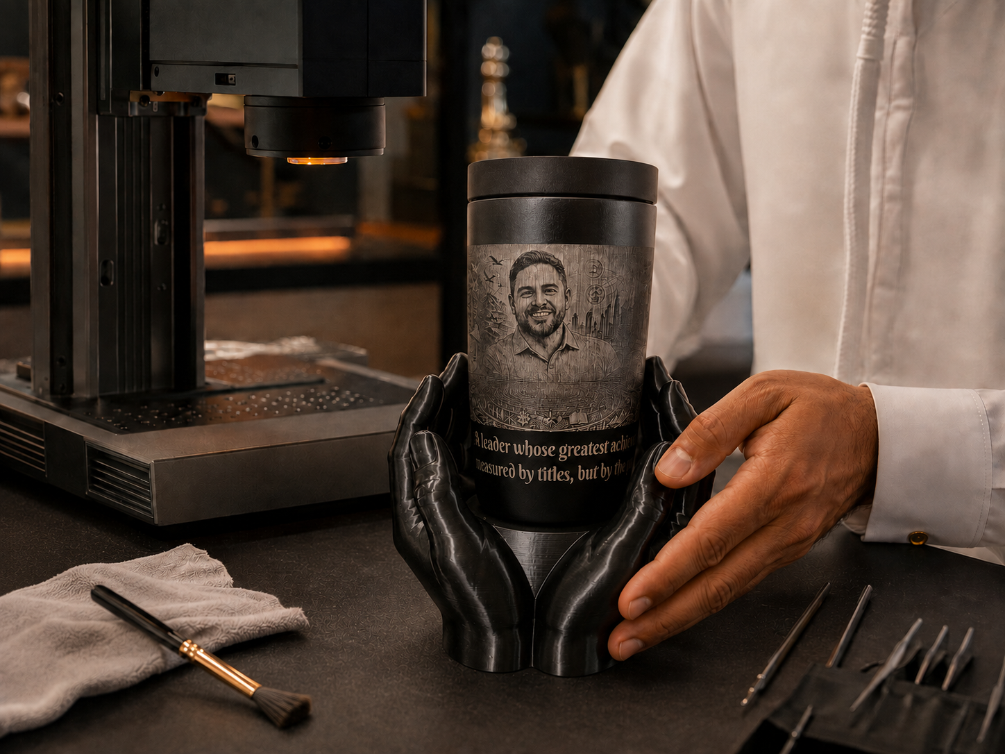 Custom portrait engraved tumbler displayed in a sculpted hand holder